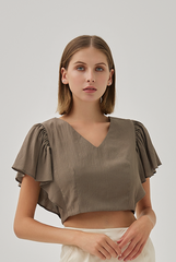 Huda V-Neck Flutter Sleeves Crop Top in Truffle