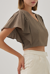 Huda V-Neck Flutter Sleeves Crop Top in Truffle