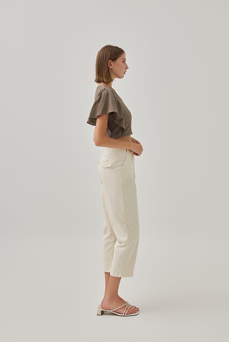 Huda V-Neck Flutter Sleeves Crop Top in Truffle