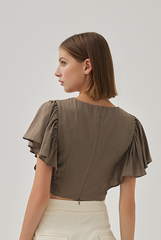 Huda V-Neck Flutter Sleeves Crop Top in Truffle
