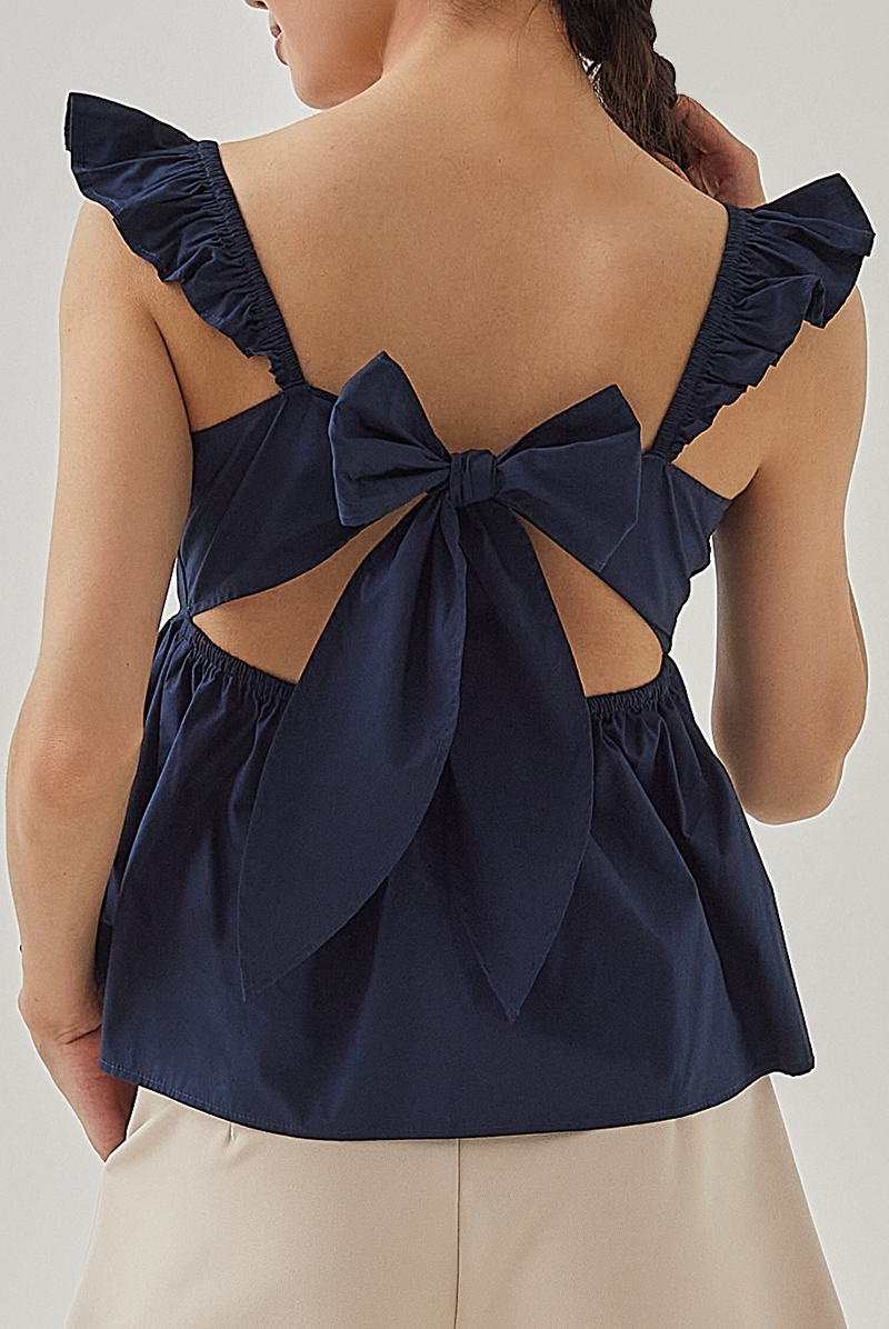Brie Cut Out Back Peplum Top in Navy Blue