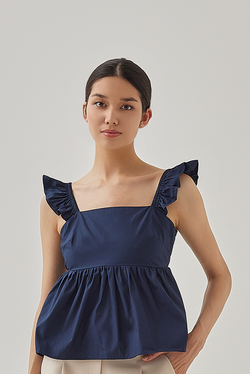 Brie Cut Out Back Peplum Top in Navy Blue