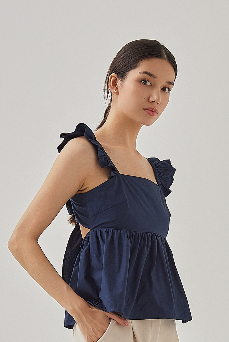 Brie Cut Out Back Peplum Top in Navy Blue