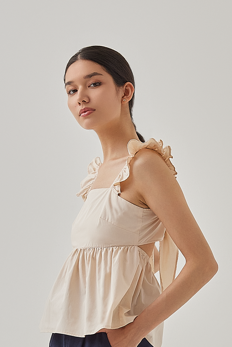 Brie Cut Out Back Peplum Top in Rice