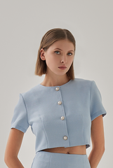 Laina Button Down Jacket Top in Dusty Blue