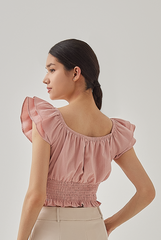 Cove Flutter Sleeves Smocked Crop Top in Dusty Pink