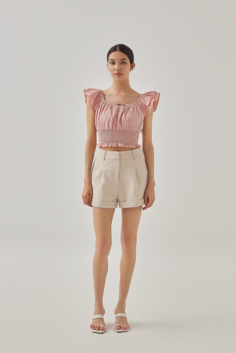 Cove Flutter Sleeves Smocked Crop Top in Dusty Pink