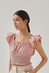 Cove Flutter Sleeves Smocked Crop Top in Dusty Pink