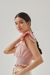 Cove Flutter Sleeves Smocked Crop Top in Dusty Pink