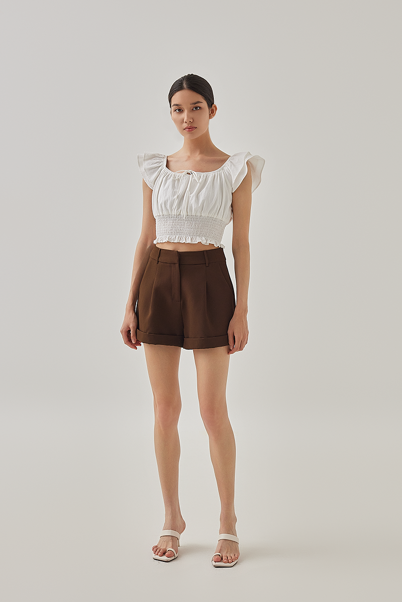Cove Flutter Sleeves Smocked Crop Top in White