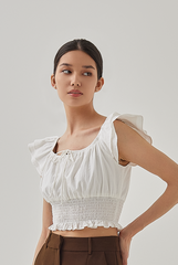 Cove Flutter Sleeves Smocked Crop Top in White