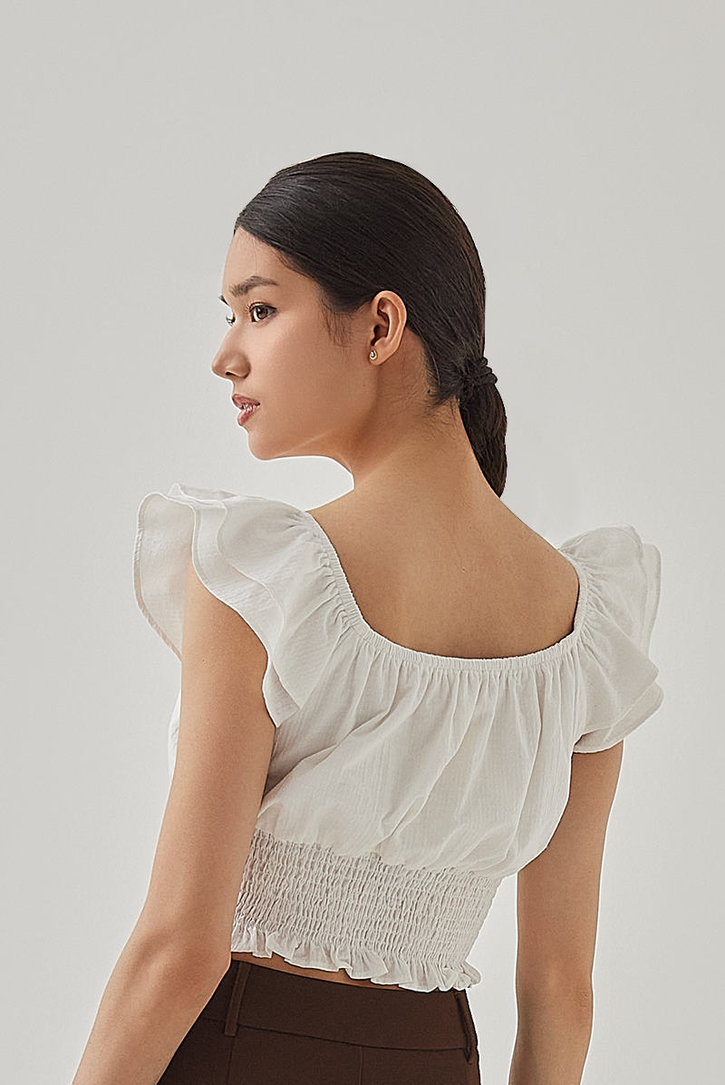 Cove Flutter Sleeves Smocked Crop Top in White