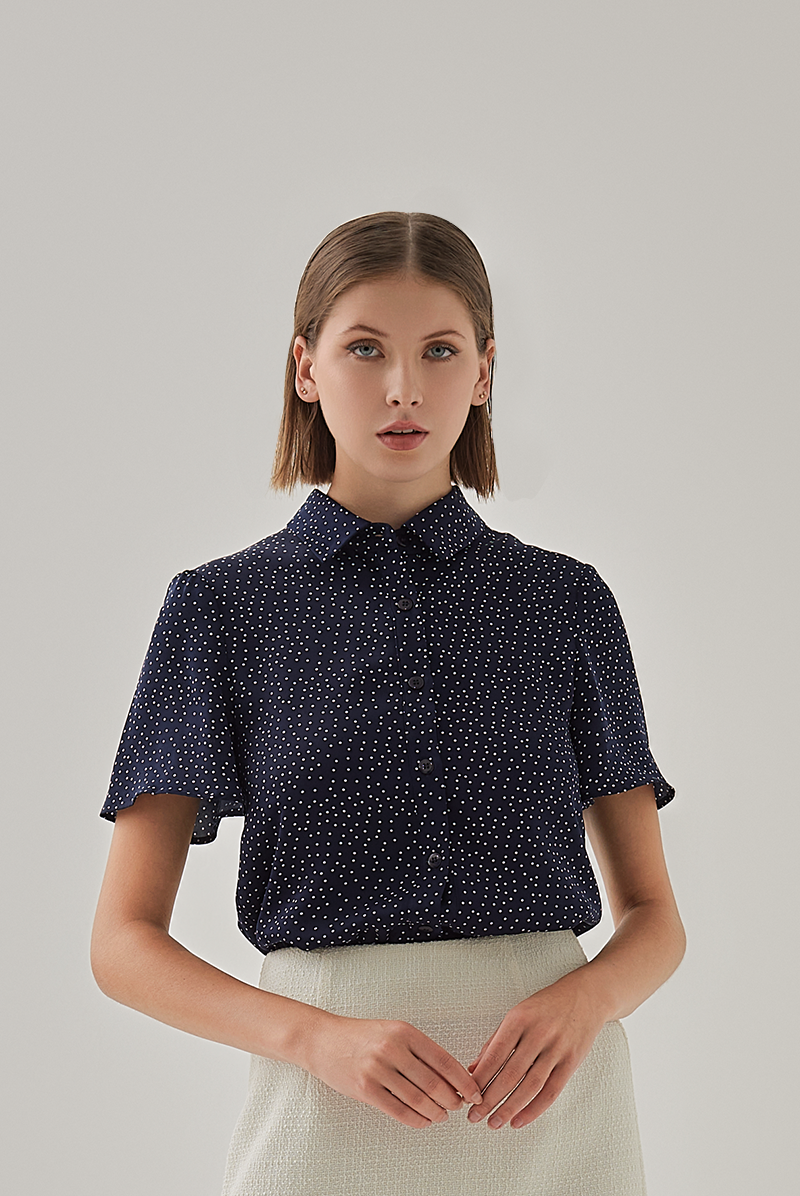 Jill Button Down Polka Dot Shirt in Navy Blue