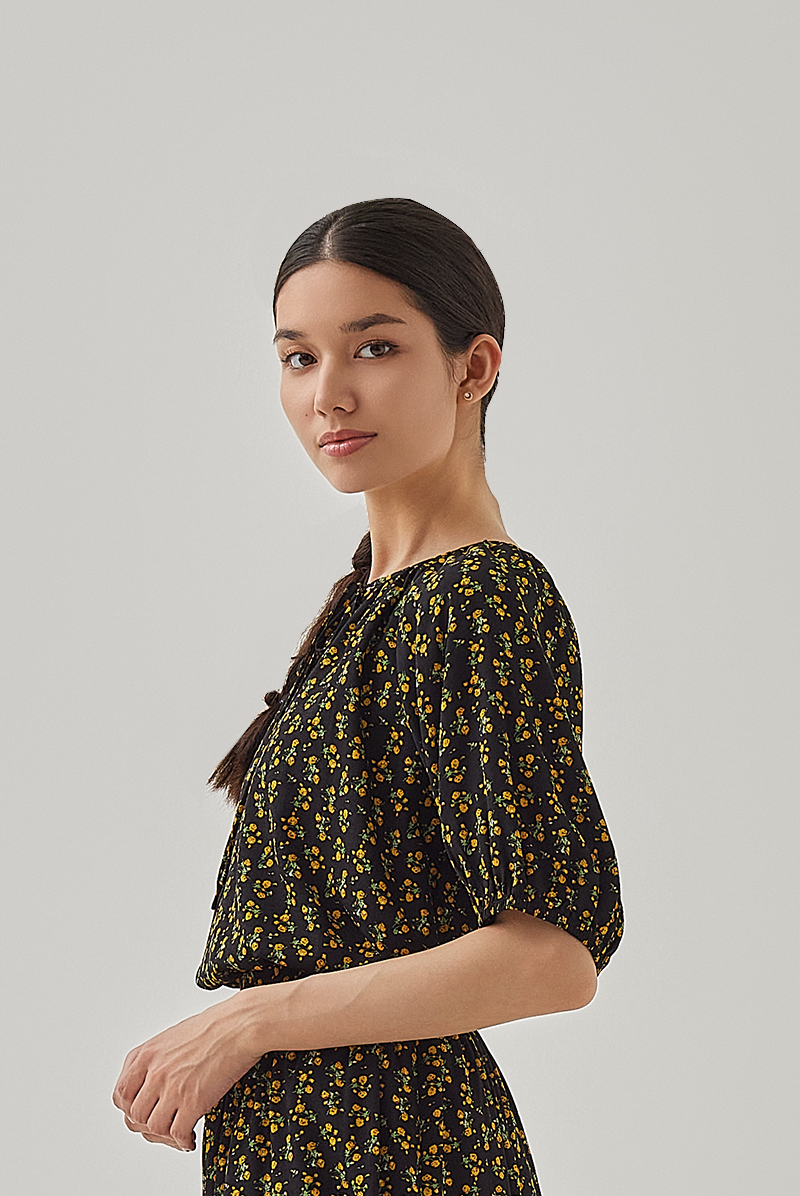 Amber Tie-Front Floral Blouse in Black
