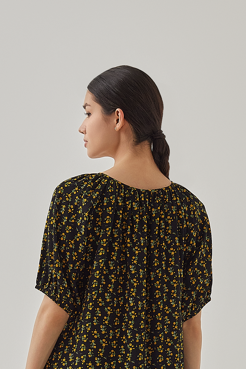 Amber Tie-Front Floral Blouse in Black