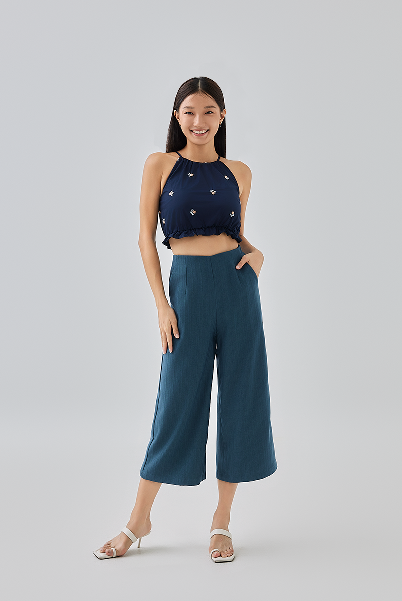 Jezabelle Floral Halter Neck Top in Navy Blue