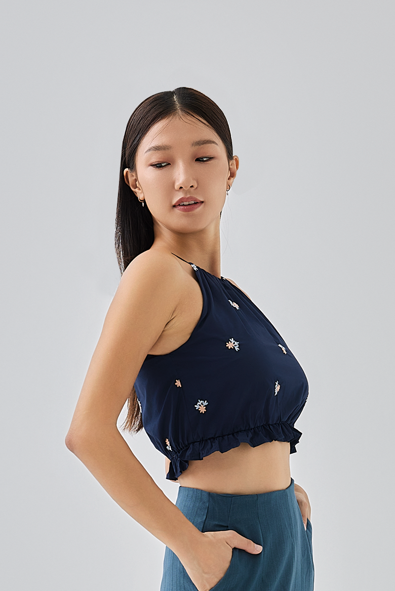 Jezabelle Floral Halter Neck Top in Navy Blue