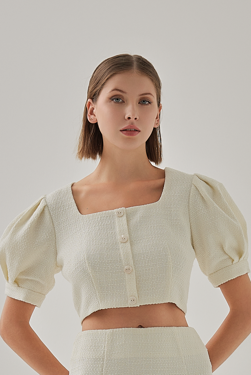 Kadence Button Down Tweed Top in Cream