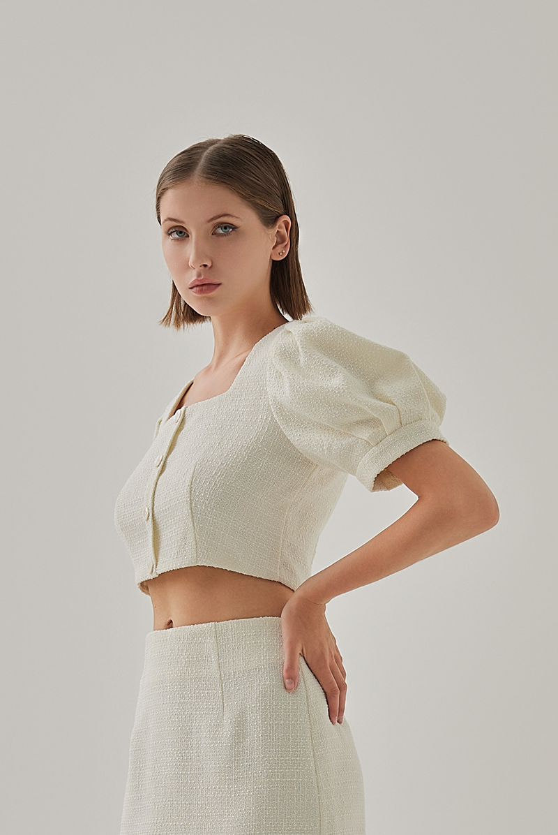 Kadence Button Down Tweed Top In Cream