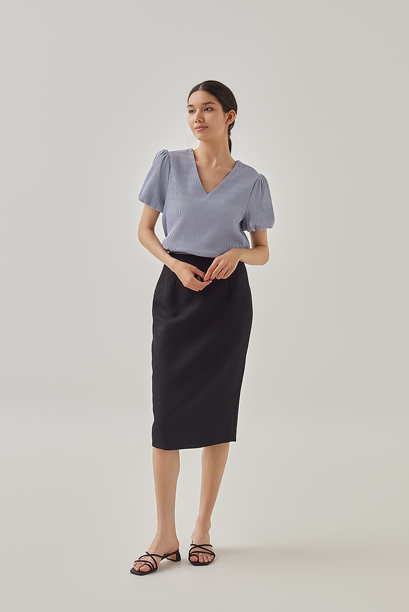 Seline Textured V-neck Blouse in Dusty Blue