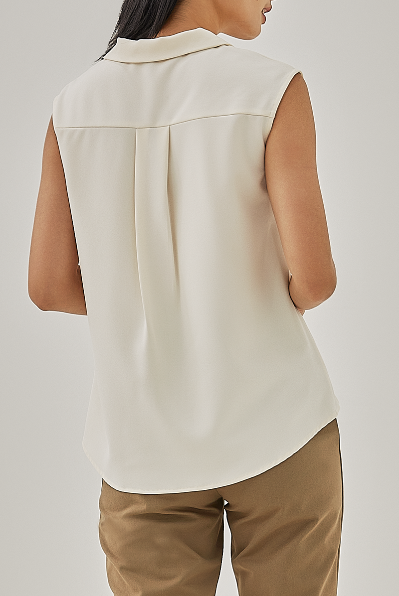 Shain Collared Sleeveless Shirt in Beige