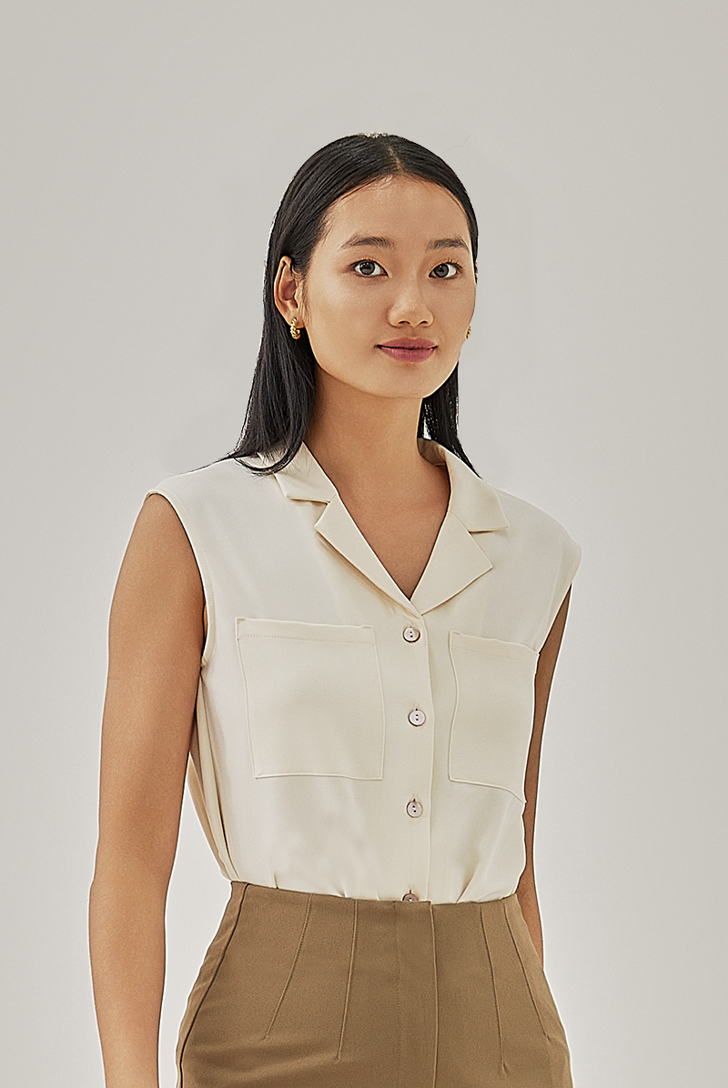 Shain Collared Sleeveless Shirt in Beige
