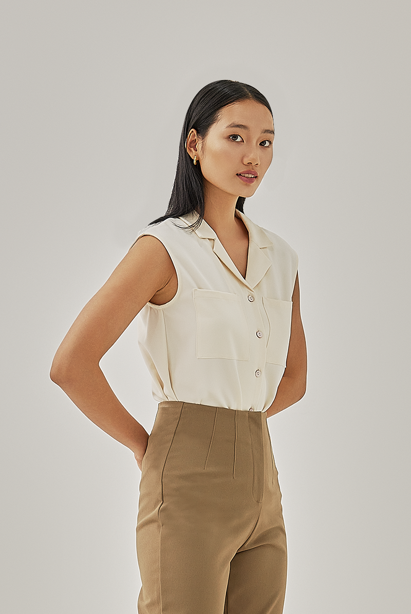 Shain Collared Sleeveless Shirt in Beige