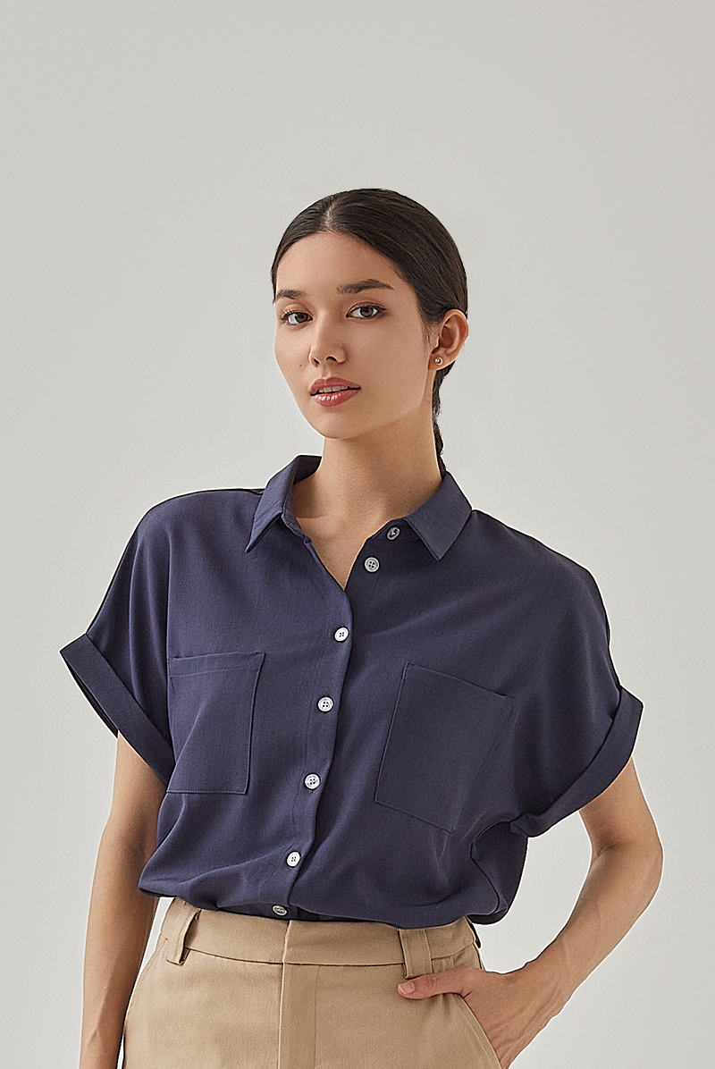 Ella Patched Pocket Shirt in Navy Blue