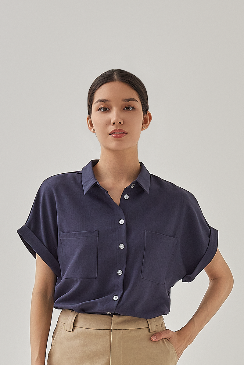 Ella Patched Pocket Shirt in Navy Blue
