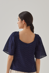 Belle Flare Sleeves Embroidery Top in Navy Blue