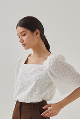 Belle Flare Sleeves Embroidery Top in White