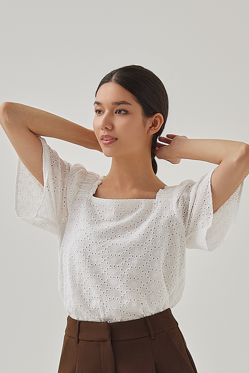 Belle Flare Sleeves Embroidery Top in White