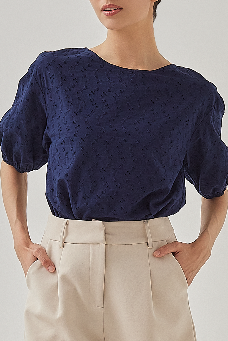 Ayla Floral Embroidery Blouse in Navy Blue