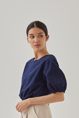 Ayla Floral Embroidery Blouse in Navy Blue