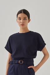 Cora Textured Cuffed Sleeves Tee in Midnight Blue
