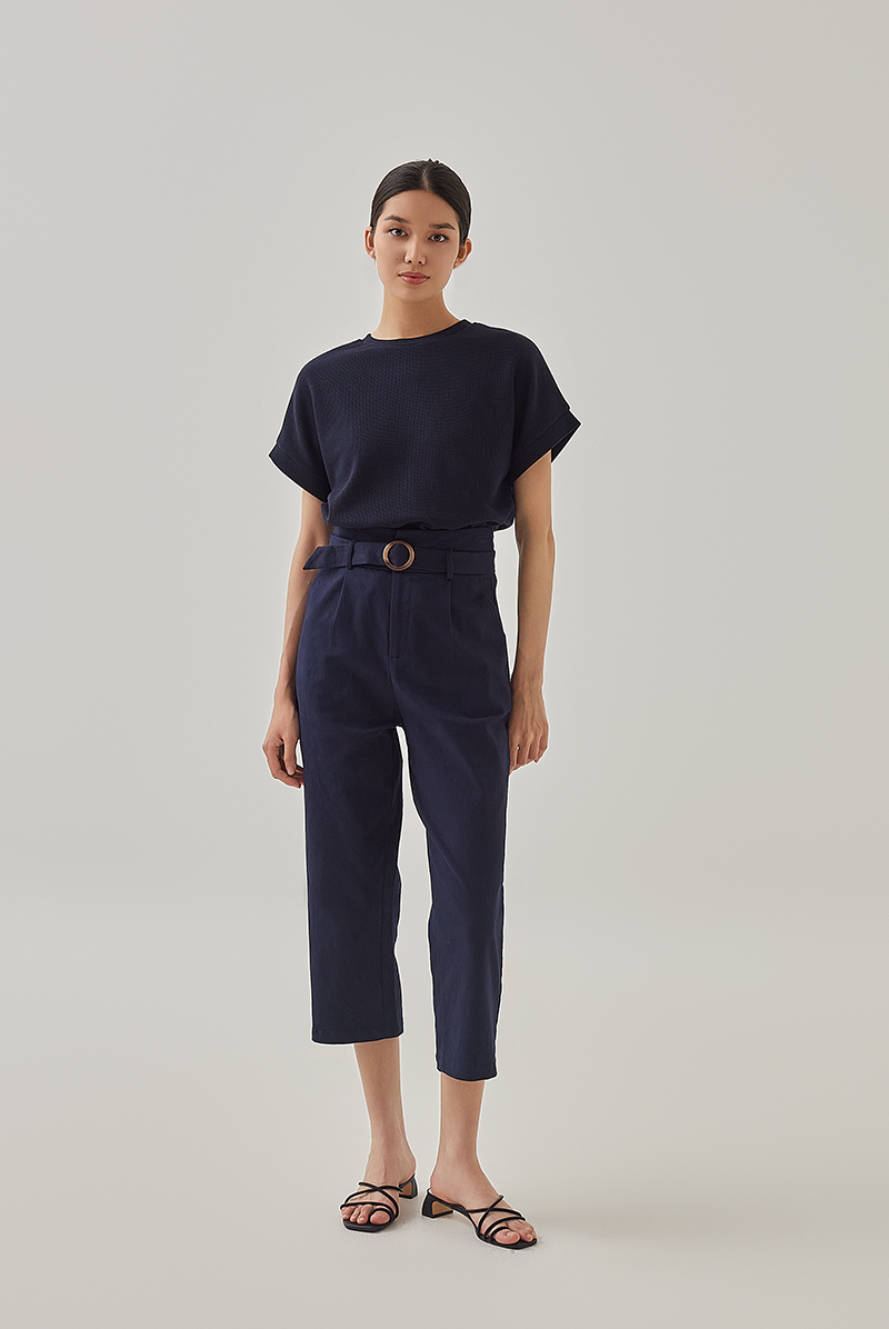 Cora Textured Cuffed Sleeves Tee in Midnight Blue