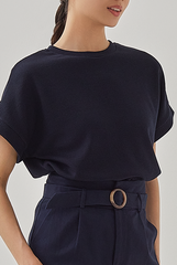 Cora Textured Cuffed Sleeves Tee in Midnight Blue