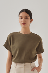 Cora Textured Cuffed Sleeves Tee in Olive Green