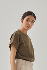 Cora Textured Cuffed Sleeves Tee in Olive Green