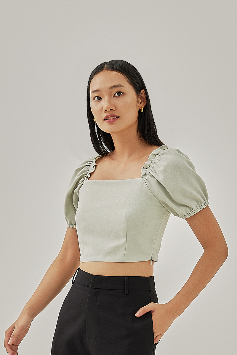 Kennedy Elasticated Puff Sleeves Top in Sage Green