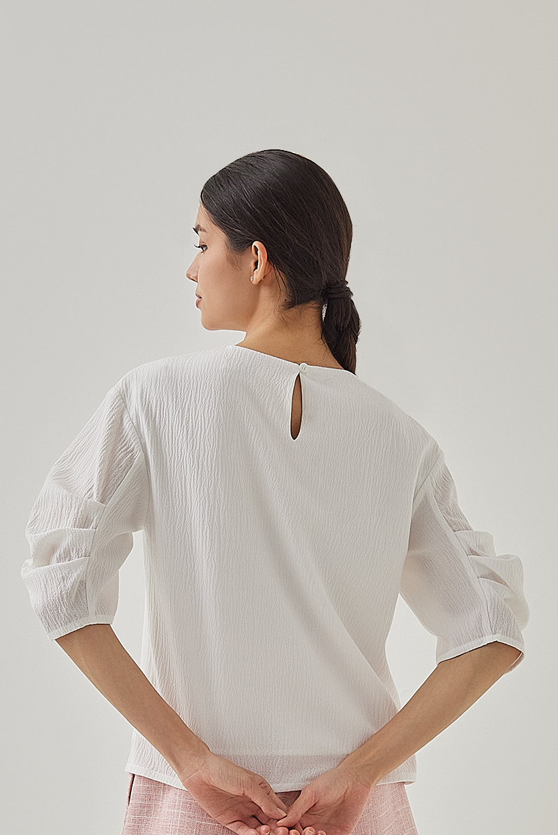 Pearlie Pleated Puff Sleeves Blouse in White