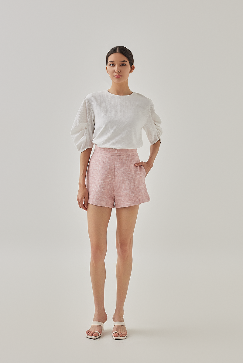 Pearlie Pleated Puff Sleeves Blouse in White