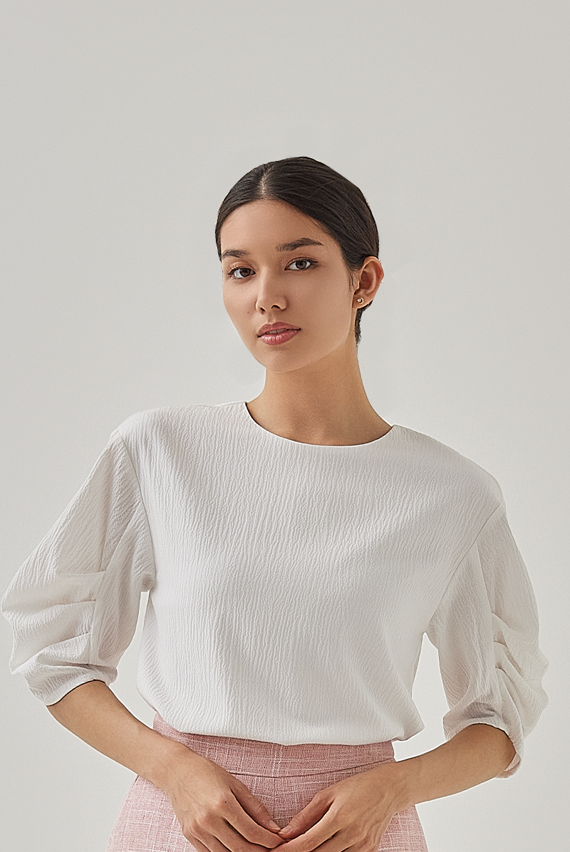 Pearlie Pleated Puff Sleeves Blouse in White