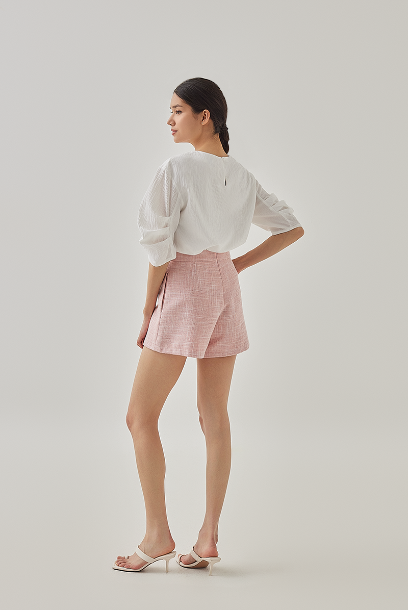 Pearlie Pleated Puff Sleeves Blouse in White