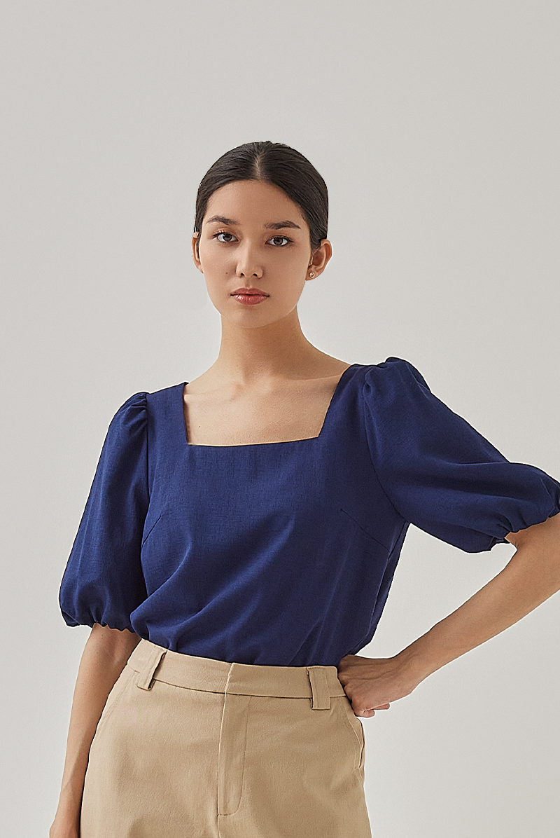 Eden Puff Sleeves Blouse in Dark Blue