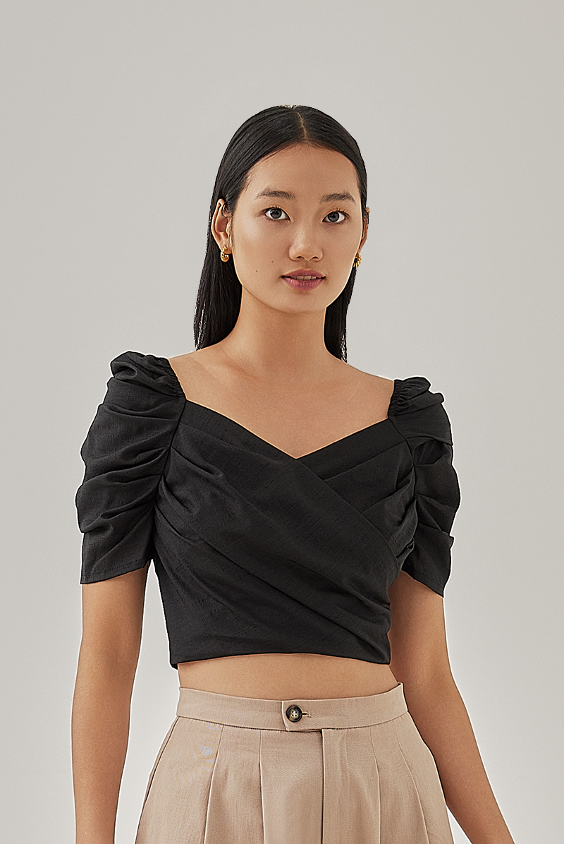 Gayle Faux Wrap Top in Black