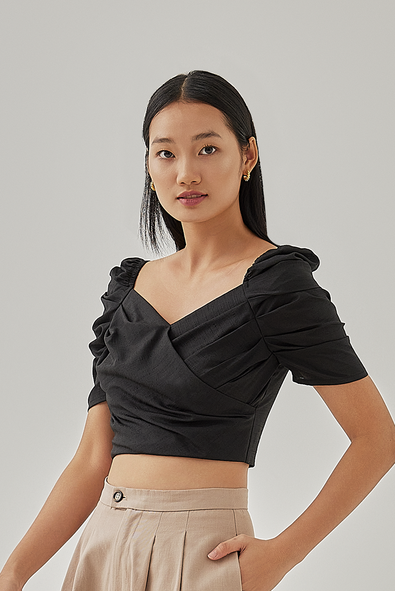 Gayle Faux Wrap Top in Black
