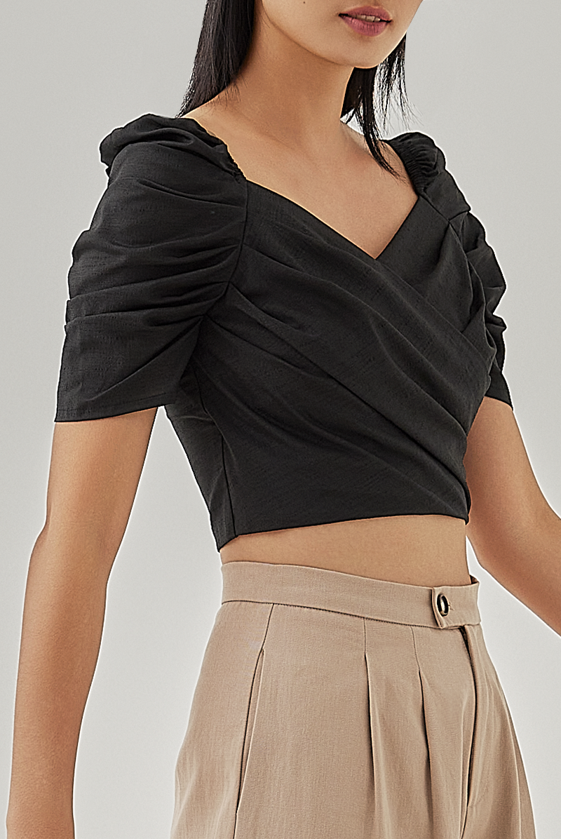 Gayle Faux Wrap Top in Black