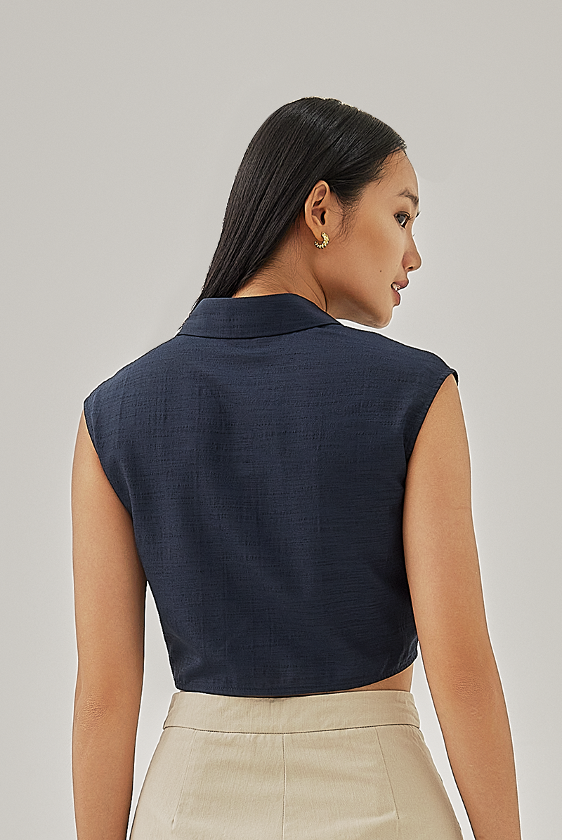 Endra Cropped Sleeveless Shirt in Navy Blue