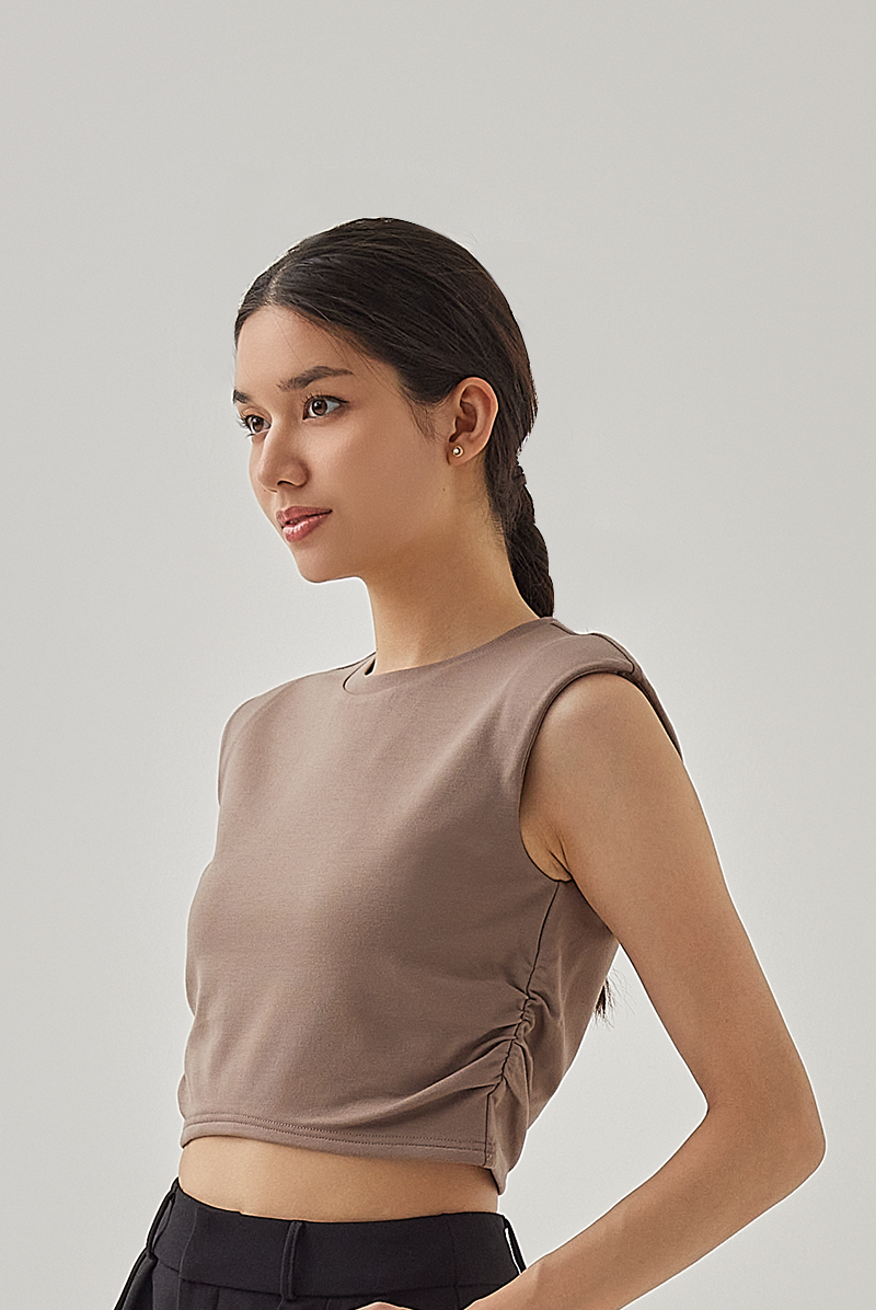 Rain Padded Shoulder Crop Top in Truffle